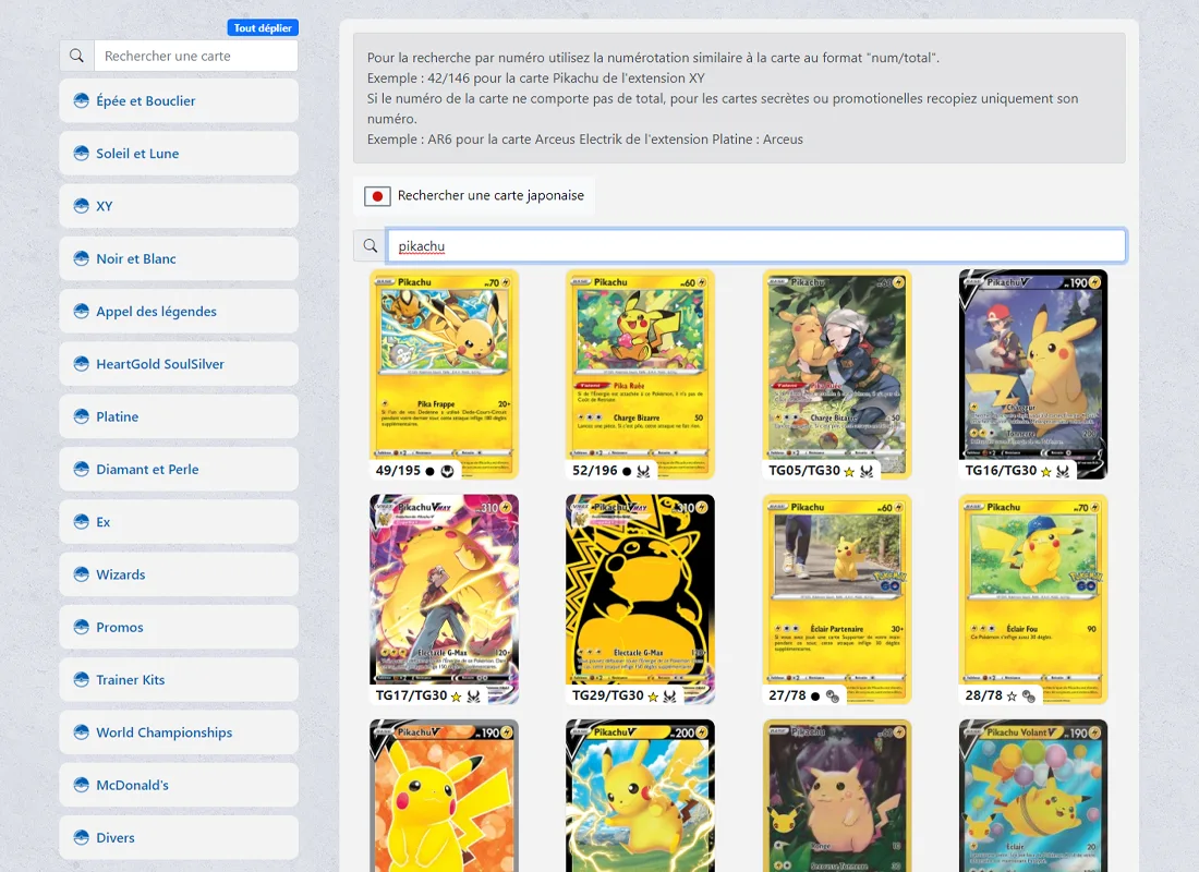 Toutes les cartes Pokémon de Pikachu