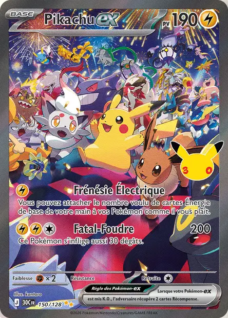 Carte Pikachu ex 150/128 Pokémon 30 ans